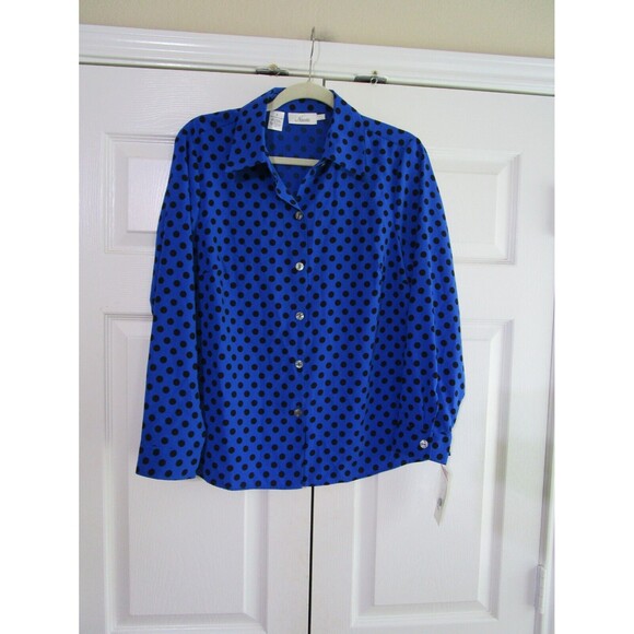 Naomi Womens Blouse NWT Medium Blue Black Polka Dot Button Up Long Sleeve - Picture 1 of 12